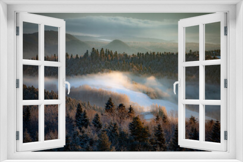 Fototapeta Naklejka Na Ścianę Okno 3D - Mysterious and magical landscape of misty mountains, 
fabulous misty pine and fir forest, Bieszczady, Poland