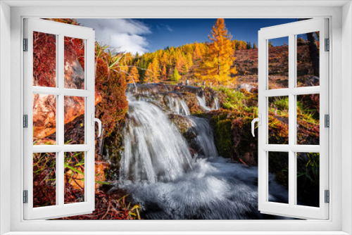 Fototapeta Naklejka Na Ścianę Okno 3D - Scenic image of mountains. Great view on waterfall, colorful trees on the alpine highland during sunset. Wonderful Nature landscape. Travel is a Lifestyle, concept. Amazing mountain autumn scenery.