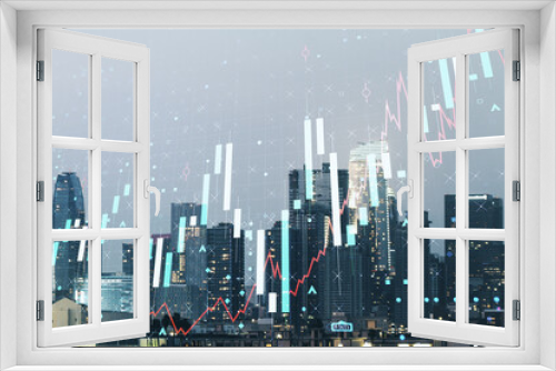 Fototapeta Naklejka Na Ścianę Okno 3D - Double exposure of virtual creative financial diagram on Los Angeles office buildings background, banking and accounting concept