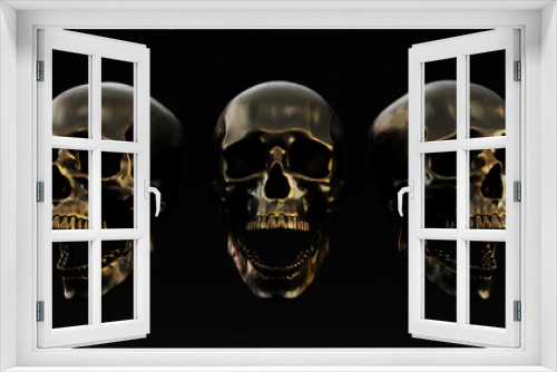 Fototapeta Naklejka Na Ścianę Okno 3D - Screaming golden humen skull on dark background, 3D render