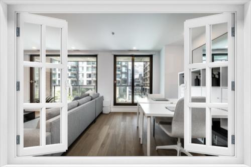 Luxury modern apartment in condominium in Montreal perfectly staged and furnished with amentinites common areas swimming pool, rooftop, terrace, gym, garden and city views