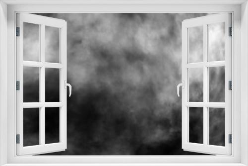 Fototapeta Naklejka Na Ścianę Okno 3D - Cloud, fog, or smoke isolated on black background. Royalty high-quality free stock photo  image of white cloudiness, clouds, mist or smog overlays on black backgrounds. Copy space for design