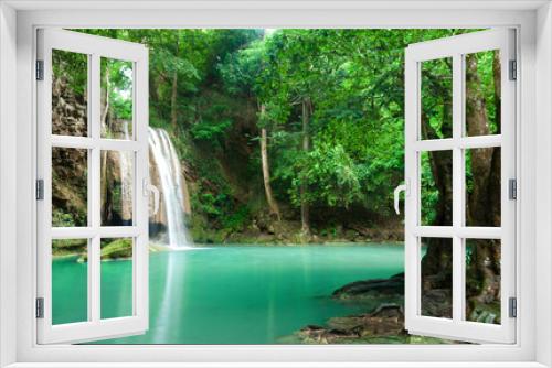 Fototapeta Naklejka Na Ścianę Okno 3D - Blue stream waterfall in Kanjanaburi Thailand (Erawan waterfall