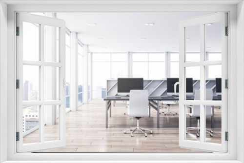 Simple spacious bright coworking office interior. Wooden and concrete materials. Panoramic window with city view and daylight. Corporation, law and legal concept. 3D Rendering.