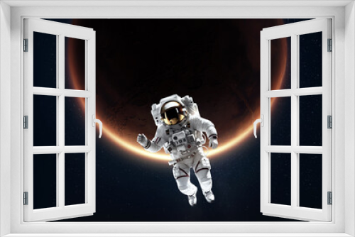 Fototapeta Naklejka Na Ścianę Okno 3D - Astronaut in white spacesuit hanging in space against the background of mars, colonization of mars, settlement of the red planet, expedition to mars. Copy space, 3D illustration, 3D rendering.
