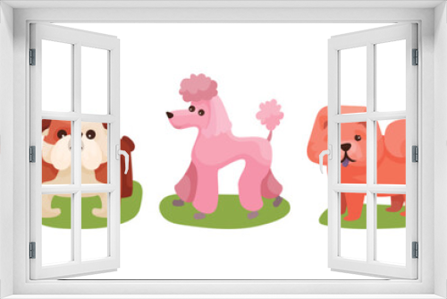 Fototapeta Naklejka Na Ścianę Okno 3D - Different Dog Breed Standing on Green Grass Vector Set