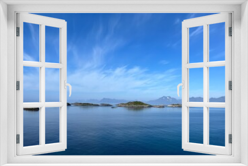Fototapeta Naklejka Na Ścianę Okno 3D - Blue calm ocean bay horizon, small rocky islands, blue sky