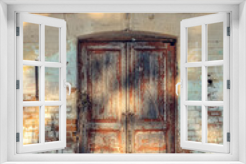 Fototapeta Naklejka Na Ścianę Okno 3D - Close up old paint peeling door of abandoned building exterior concept photo. Front view photography with blurred background. High quality picture for wallpaper, travel blog, magazine, article