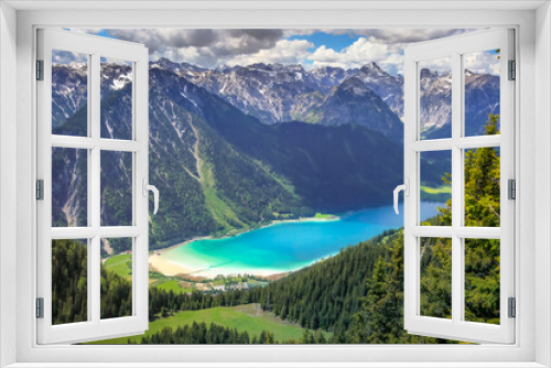 Fototapeta Naklejka Na Ścianę Okno 3D - View from the summit of Rofan, turquoise Achensee near Maurach, Austria, Europe
