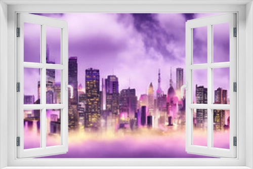 AI illustration Art magical Mysterious distant cityscape pink thick smoke and fog