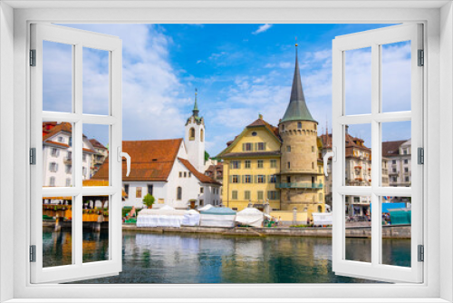 Scenic summer aerial panorama of the Old Town medieval architecture in Lucerne, Switzerland