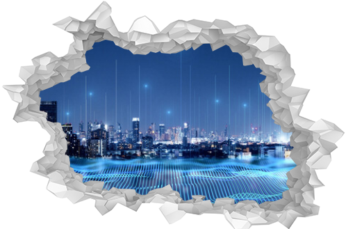 Smart city and big data connection technology concept with digital blue wavy wires with antennas on night megapolis city skyline background, double exposure