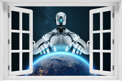 Fototapeta Naklejka Na Ścianę Okno 3D - A cyborg robot stretches its arms over planet earth, controlling it like a puppet. Artificial intelligence controls humanity, future, neural networks. 3D illustration, 3D rendering.