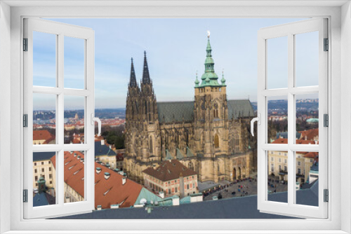 Fototapeta Naklejka Na Ścianę Okno 3D - Aerial view of River and buildings in Old Town of Prague, Czech Republic. Drone photo high angle view of City