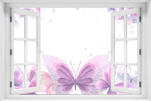 Fototapeta Naklejka Na Ścianę Okno 3D - Lilac, pink and blue butterflies Watercolor illustration. Composition from the collection of CATS AND BUTTERFLIES. For the design and decoration of prints, postcards, posters