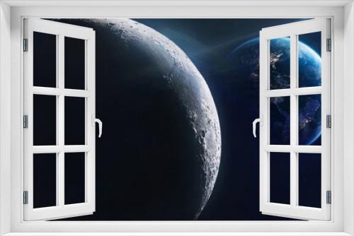 Fototapeta Naklejka Na Ścianę Okno 3D - Moon surface and Earth planet on the background in deep dark space. Earth at night. City lights. Elements of this image furnished by NASA
