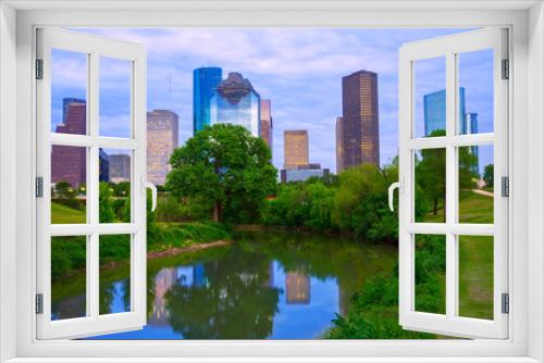 Houston Texas modern skyline from park river