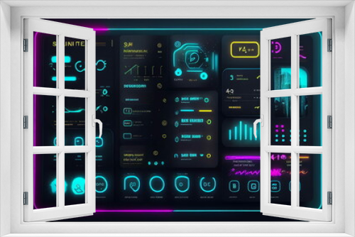 Modern neon user interface dashboard design. Futuristic, aesthetic desktop layout concept. Professional holographic web design.