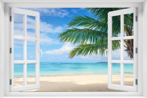 Fototapeta Naklejka Na Ścianę Okno 3D - Palm tree on white tropical beach. Travel background.