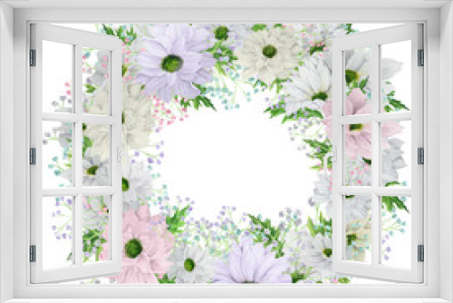 Fototapeta Naklejka Na Ścianę Okno 3D - Hand-drawn watercolor wreath with pale pink and lilac chrysanthemum with colored gypsophila