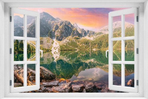 Fototapeta Naklejka Na Ścianę Okno 3D - Mountains Lake In Summer Evening. Amazing Sunset Cloud Sky Above Lake Landscape. Panoramic Nature View. Travel Conception. Calmness And Tranquility. Meditation View.