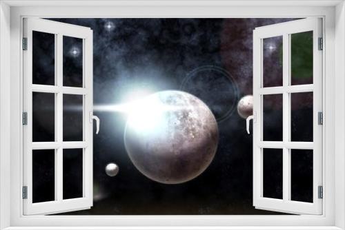 Fototapeta Naklejka Na Ścianę Okno 3D - Bright planet with two moons in space, lensflare