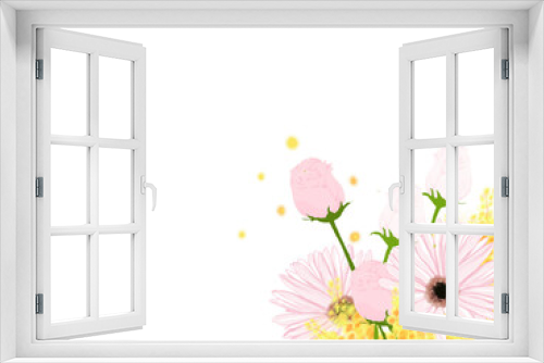 Fototapeta Naklejka Na Ścianę Okno 3D - 春のお祝いカードに便利な小さなバラとガーベラにミモザのイラスト