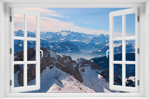 Fototapeta Naklejka Na Ścianę Okno 3D - Rest in the mountains. View from the observation deck.Mountain Alpine landscape.High in the mountains.Top of the mountain.Snowyмmountains.Beautiful view.Rocks and stones.A popular place in Lucerne.