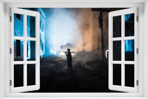 Fototapeta Naklejka Na Ścianę Okno 3D - Military soldier silhouette with bazooka. War Concept. Military silhouettes fighting scene on war fog sky background, Soldier Silhouette aiming to the target at night. Attack scene