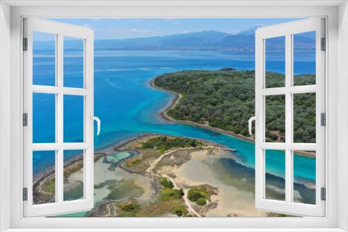 Fototapeta Naklejka Na Ścianę Okno 3D - Aerial drone photo of Mediterranean paradise destination island complex with sandy organised beaches and turquoise clear sea