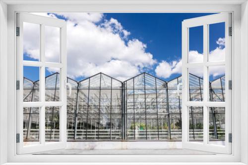 Fototapeta Naklejka Na Ścianę Okno 3D - large commercial greenhouses for agricultural production under cloudy sky