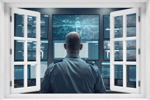 A man in uniform stands at a control center with his back to us keeping an eye on multiple displays. Generative AI illustration