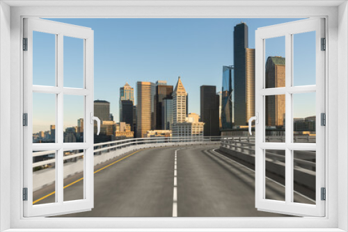 Fototapeta Naklejka Na Ścianę Okno 3D - Empty urban asphalt road exterior with city buildings background. New modern highway concrete construction. Concept way to success. Transportation logistic industry fast delivery. Seattle. USA.