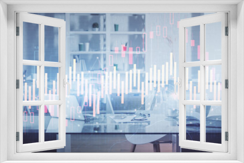 Fototapeta Naklejka Na Ścianę Okno 3D - Multi exposure of stock market chart drawing and office interior background. Concept of financial analysis.