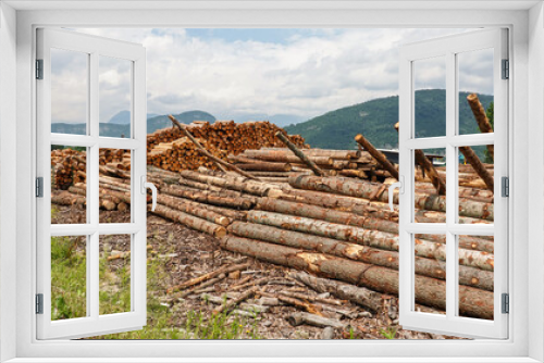 Fototapeta Naklejka Na Ścianę Okno 3D - Holzlager auf dem Weg zum Bohinj See im Triglav Nationalpark