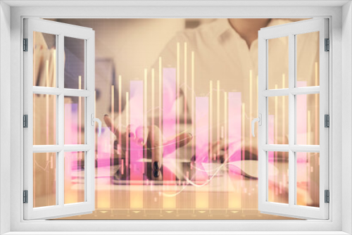 Fototapeta Naklejka Na Ścianę Okno 3D - Double exposure of forex chart sketch hologram and woman holding and using a mobile device. Financial market concept.
