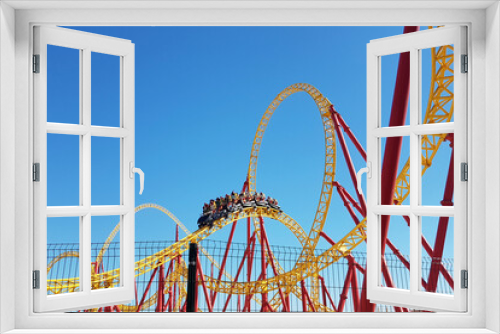 Fototapeta Naklejka Na Ścianę Okno 3D - Roller coaster ride silhouette in the amusement park . Summer happy days, funny time, adrenaline activities.