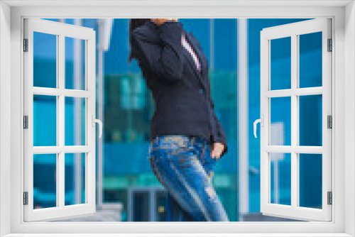 smiling girl, on the modern building background