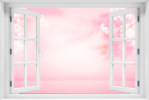 Fototapeta Naklejka Na Ścianę Okno 3D - Spring summer blurred light pink background with shadow of the tree leaves and flowers on a wall. Abstract Spring Summer scene for product presentation.