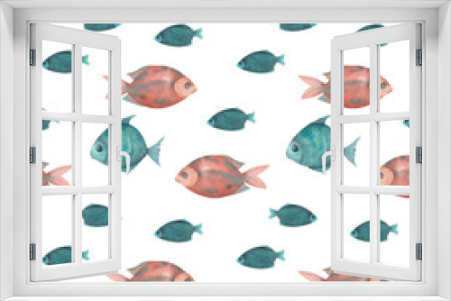 Fototapeta Naklejka Na Ścianę Okno 3D - Hand-drawn watercolor fish seamless pattern. A set of decorative blue fish and one red fish on a white background