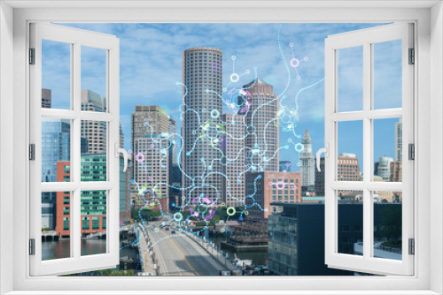 Fototapeta Naklejka Na Ścianę Okno 3D - Panorama city view of Boston Harbor at day time, Massachusetts. Financial downtown. Hologram of Artificial Intelligence concept. AI and business, machine learning, neural network, robotics