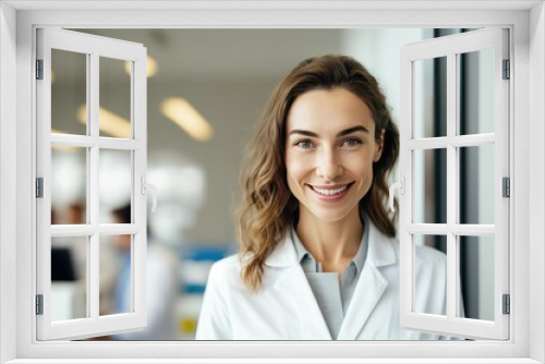 Portrait of beautiful smart doctor woman in a white medical coat in hospital, AI generated