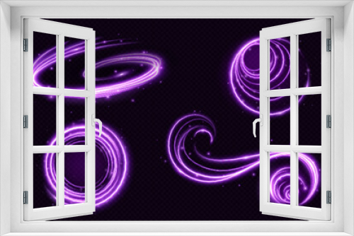 Fototapeta Naklejka Na Ścianę Okno 3D - Realistic set of purple light motion effects isolated on transparent background. Vector illustration of magic neon swirl, wave, abstract curve sparkling with shiny particles. Luminous energy speed