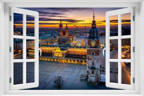 Fototapeta Naklejka Na Ścianę Okno 3D - Rynek Główny w Krakowie o wschodzi słońca - widok z drona