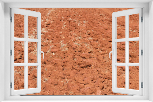 Fototapeta Naklejka Na Ścianę Okno 3D - Tierra roja de cultivo recién labrada en el campo