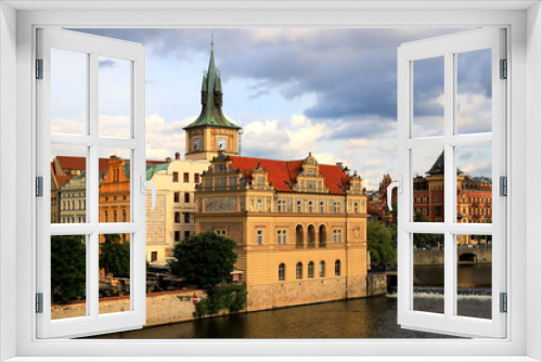 View from Charles Bridge to Museum of Smetana in Old Town Prague on Vltava River. The museum is dedicated to Czech composer Smetana.