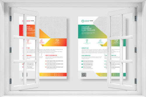 Business promotional flyer template with Vivid red, Light yellow or  Bright yellow, Dark cyan,  geometric shapes