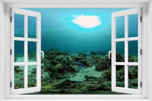 Fototapeta Naklejka Na Ścianę Okno 3D - Tropical coral reef seascape with fishes, hard and soft corals. 360 panorama VR