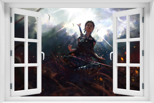 Fototapeta Naklejka Na Ścianę Okno 3D - A warrior girl sits in a motivated pose on the battlefield, surrounded by swords stuck in the ground, fiery sparks fly in the air, and sunlight breaks through the clouds above her head. 2d art