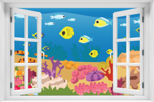 Fototapeta Naklejka Na Ścianę Okno 3D - Rich underwater world and many fish, algae and plants. A sea stingray swims near the coral reef. Horizontal scene in a cartoon style.